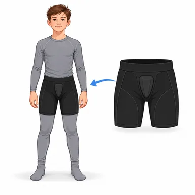 Kind in langer grauer Funktionswäsche, daneben eine Tiefschutz-Hose.