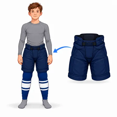 Kind mit dunkelblauer Eishockeyhose, noch in Socken.