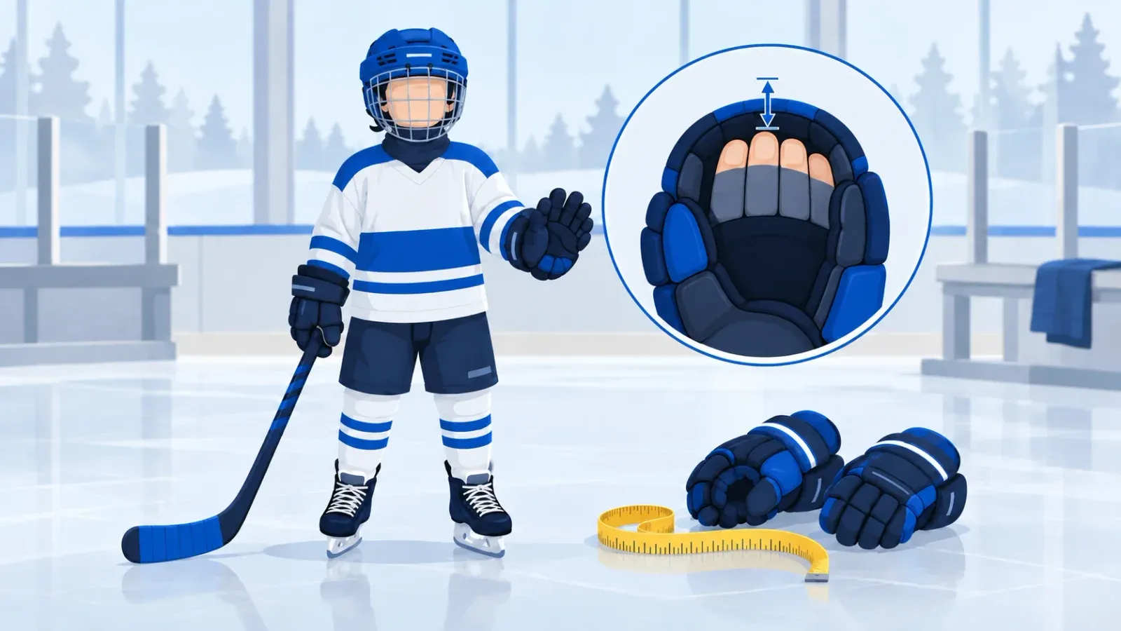 Illustration: Ein Kind in Eishockey-Ausrüstung streckt die behandschuhte Hand nach vorn. Eine Lupe zeigt im Handschuh den schmalen Abstand zwischen den Fingerspitzen und der Vorderkante. Daneben liegen ein Paar Handschuhe und ein Maßband.